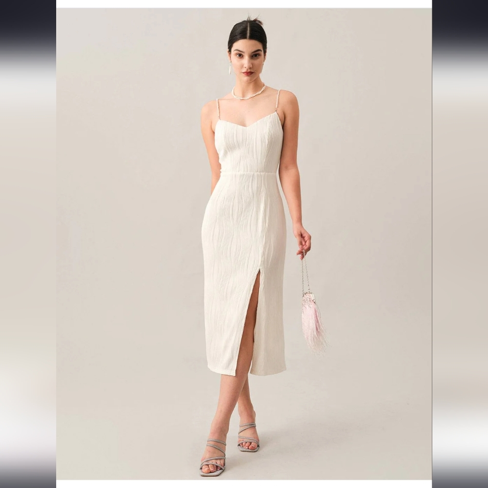The Wave Textured Pearl Strap Midi Dress